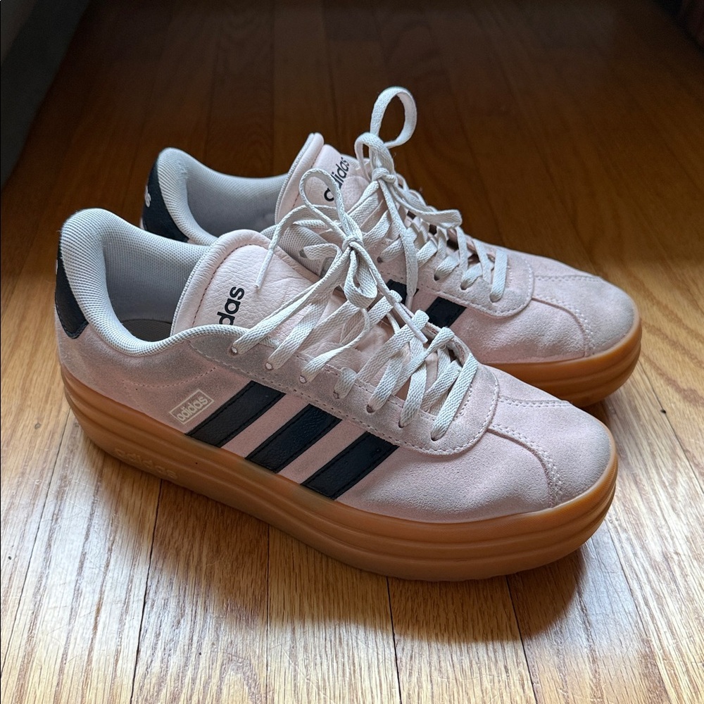 adidas Platform Suede Sneakers in Pale Pink with Black Stripes